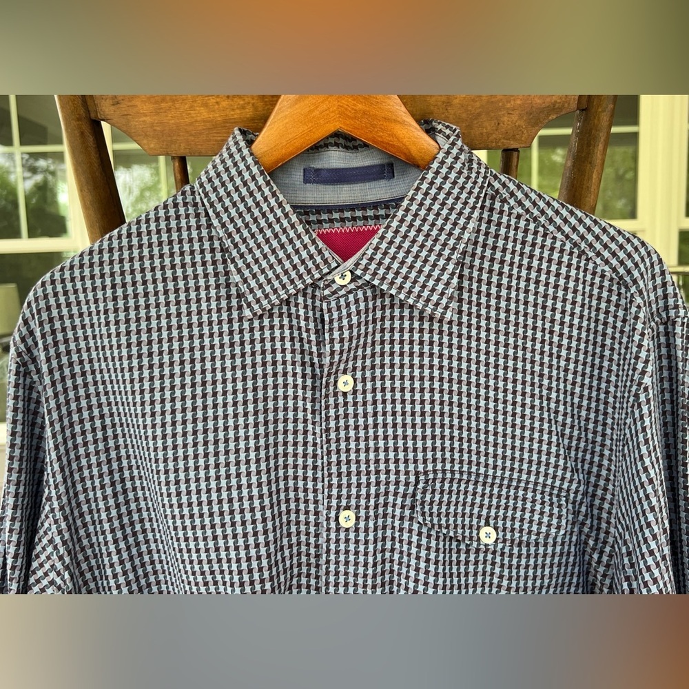 Tommy Bahama Men’s Long Sleeve Blue Checker Geometric Button Down Cotton Shirt L